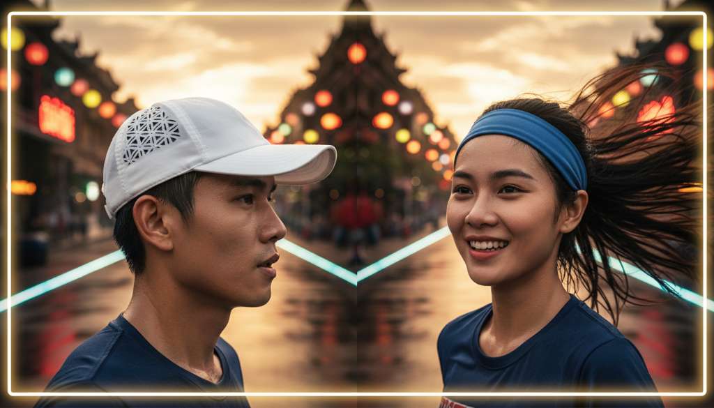 Một bức ảnh so sánh song song (split-screen) đầy nghệ thuật. Bên trái là cận cảnh một vận động viên đội mũ lưỡi trai trắng với các lỗ thông khí laser-cut. Bên phải là vận động viên đeo băng đô màu xanh dương, để lộ mái tóc thoáng mát. Bối cảnh đường chạy marathon rực rỡ ánh sáng.