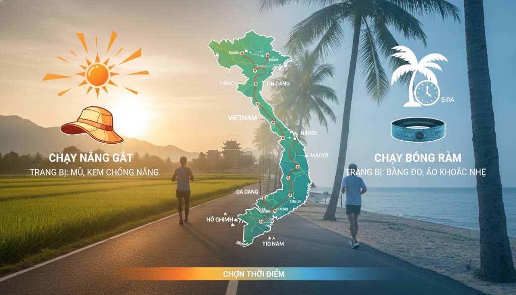 Một bản đồ đồ họa (Infographic) phong cách hiện đại. Một bên là biểu tượng mặt trời nắng gắt đi kèm hình ảnh chiếc mũ. Một bên là biểu tượng bóng râm và đồng hồ lúc 5h sáng đi kèm hình ảnh băng đô. Màu sắc năng động, dễ hiểu cho runner.