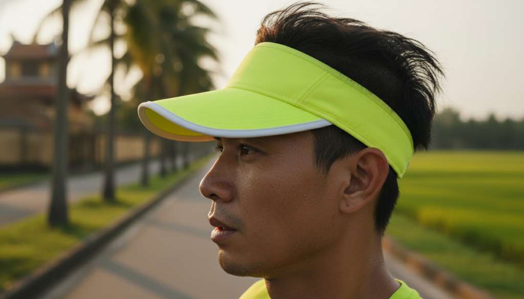 Ảnh chụp cận cảnh góc nghiêng của một runner chuyên nghiệp đang đeo mũ Visor màu neon rực rỡ. Ánh nắng chiếu lên vành mũ tạo bóng râm cho đôi mắt sắc sảo, trong khi phần đỉnh đầu hở giúp mái tóc bay nhẹ trong gió, thể hiện sự thoáng khí tuyệt đối.