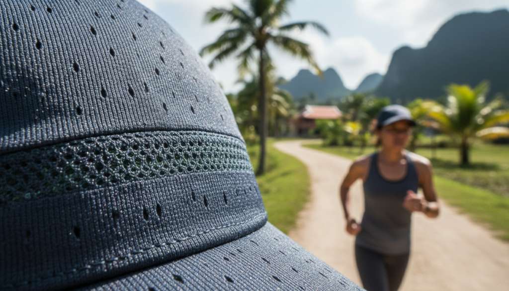 Ảnh chụp macro cực nét bề mặt vải của một chiếc mũ chạy bộ cao cấp. Các lỗ đục laser li ti đều đặn và cấu trúc sợi vải mesh thoáng khí hiện rõ dưới ánh sáng mạnh, tạo cảm giác công nghệ và chất lượng.