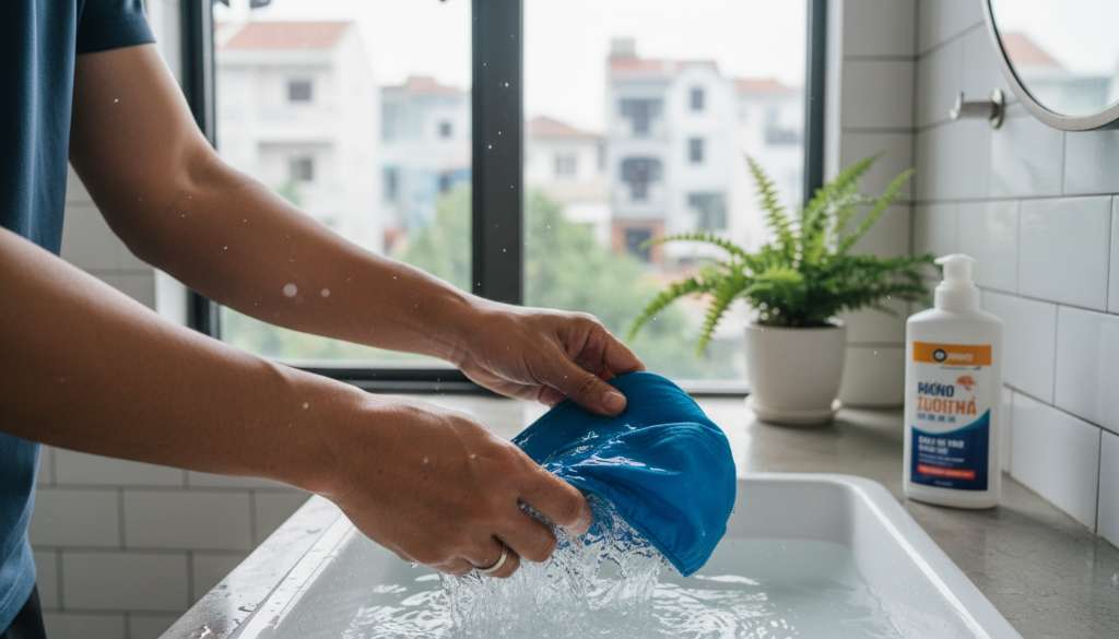 Một đôi bàn tay runner đang nhẹ nhàng giặt chiếc mũ chạy bộ màu xanh trong một chậu nước mát sạch sẽ. Những giọt nước bắn lên tinh khiết, bối cảnh phòng tắm hiện đại, gọn gàng.