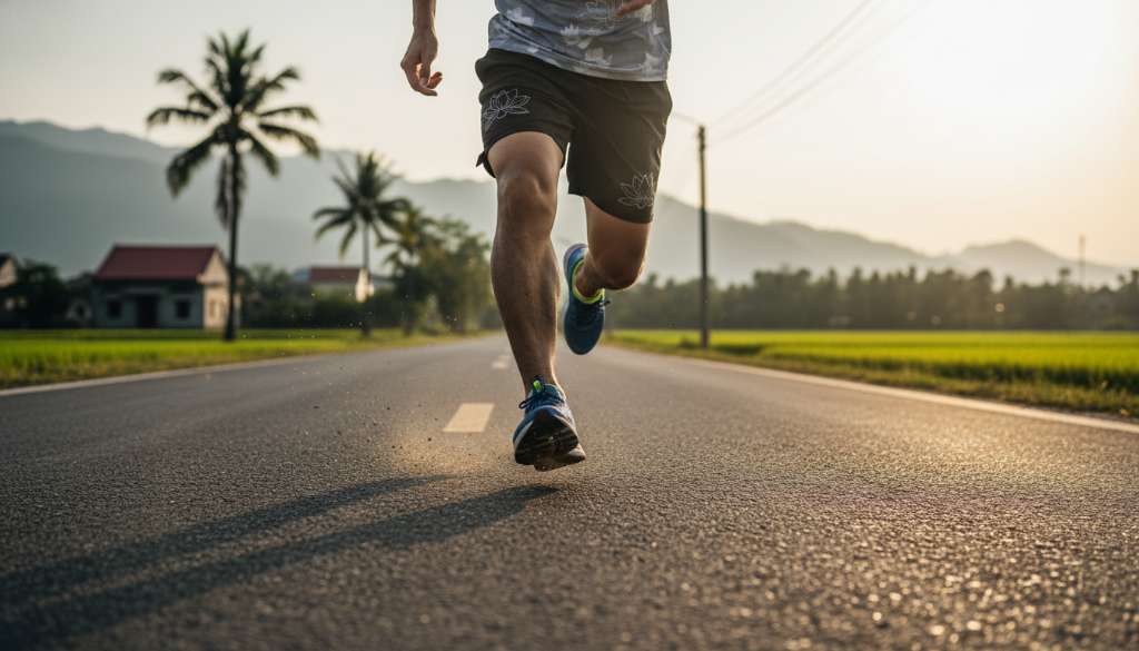 Ảnh chụp cận cảnh chuyển động chậm của một vận động viên đang chạy trên đường nhựa, tập trung vào khoảnh khắc bàn chân tiếp đất bằng phần giữa (mid-foot), ánh sáng mặt trời phản chiếu trên đôi giày chuyên dụng, tạo cảm giác chuyển động mạnh mẽ và kỹ thuật chuẩn xác.