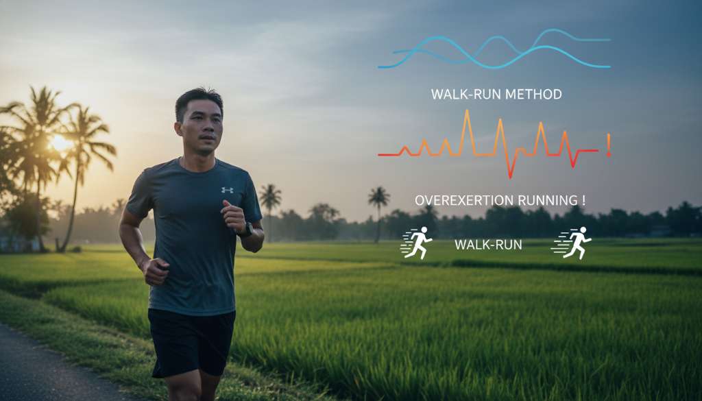 Một sơ đồ đồ họa nghệ thuật lồng ghép vào ảnh chụp thực tế, so sánh đường biểu diễn nhịp tim ổn định của phương pháp Walk-Run với đường nhịp tim tăng vọt của việc chạy quá sức, tông màu xanh dương và cam hiện đại.