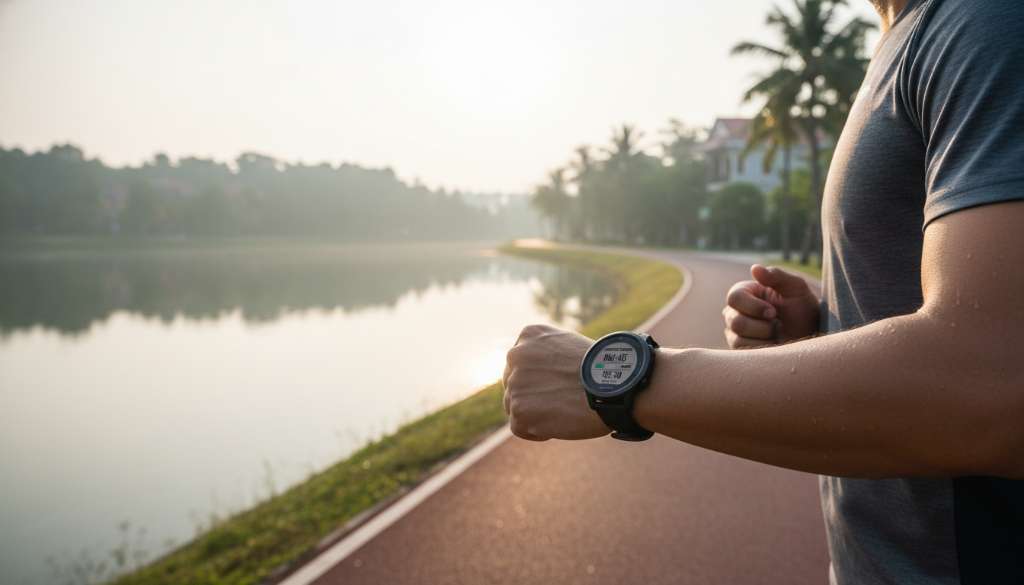 Một chiếc đồng hồ thông minh Garmin trên cổ tay vận động viên đang hiển thị chế độ tập luyện Interval (Chạy/Đi bộ), hậu cảnh là con đường chạy ven hồ mờ ảo, tạo cảm giác công nghệ hỗ trợ tập luyện chuyên nghiệp.