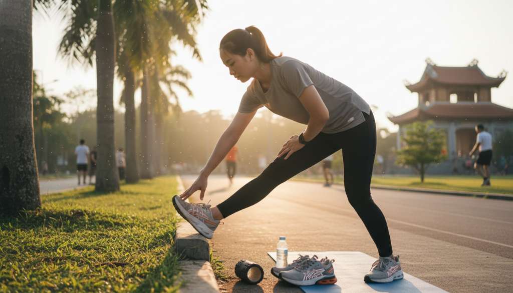 Một vận động viên đang thực hiện các động tác giãn cơ chân bên cạnh một đôi giày chạy bộ hiện đại, ánh sáng dịu nhẹ của buổi chiều tà, nhấn mạnh vào sự chuẩn bị kỹ lưỡng và an toàn trong thể thao.
