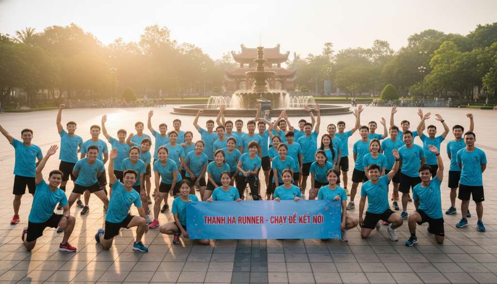 Hình ảnh tập thể các thành viên câu lạc bộ Thanh Hà Runner trong trang phục áo đồng màu, đang cùng nhau khởi động rạng rỡ tại quảng trường công viên, bầu không khí ngập tràn niềm vui và sự gắn kết cộng đồng.