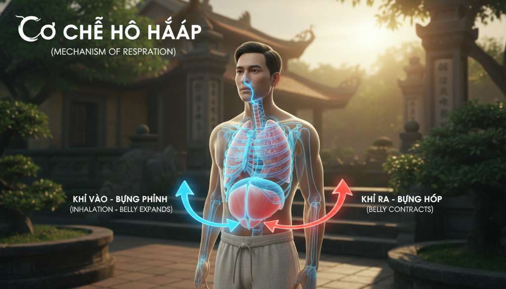 Ảnh minh họa đồ họa 3D về lồng ngực và cơ hoành của con người. Mũi tên xanh chỉ luồng khí đi vào mũi làm bụng phình ra, mũi tên đỏ chỉ luồng khí đi ra miệng làm bụng hóp lại. Hình ảnh rõ nét, mang tính giáo khoa nhưng nghệ thuật.