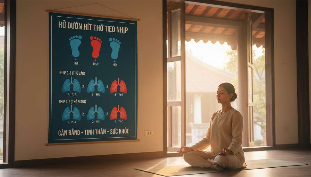 Infographic chuyên nghiệp thể hiện bước chân trái-phải-trái. Một hàng minh họa nhịp 3-3 với các biểu tượng phổi nở ra/thu lại. Một hàng minh họa nhịp 2-2. Màu sắc tương phản mạnh mẽ giữa các giai đoạn hít và thở.