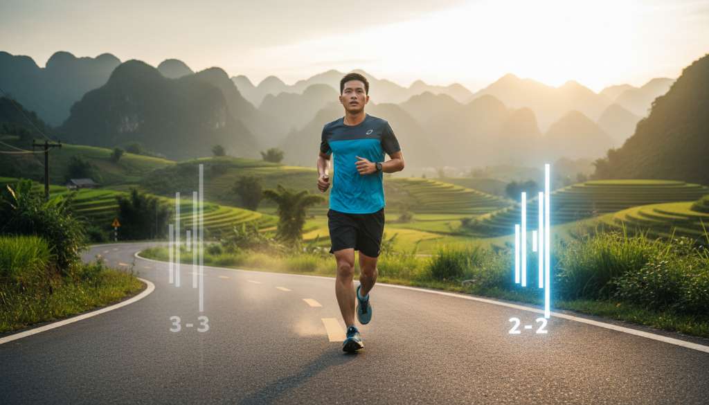 Ảnh một vận động viên đang chạy trên con đường dốc, một bên là biểu tượng nhịp 3-3 mờ dần và một bên là nhịp 2-2 sáng rõ, thể hiện sự chuyển đổi linh hoạt theo địa hình.