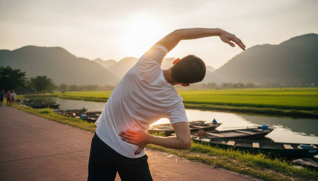 Ảnh chụp từ phía sau một Runner đang thực hiện động tác ép nhẹ vào vùng hông bị đau, kết hợp với tư thế vươn cao người để kéo giãn cơ hoành. Ánh sáng tập trung vào kỹ thuật xử lý xóc hông.