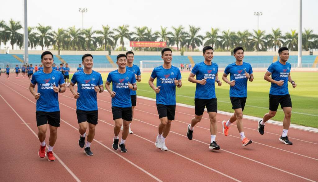Một nhóm các vận động viên câu lạc bộ Thanh Hà Runner trong trang phục áo xanh đặc trưng đang cùng nhau tập luyện trên đường chạy sân vận động, gương mặt rạng rỡ, tư thế chạy chuẩn mực, thể hiện sự gắn kết và tinh thần thể thao chuyên nghiệp.