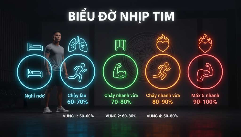 Một biểu đồ Infographic hiện đại, sử dụng tông màu neon nổi bật trên nền tối. Biểu đồ hiển thị các vùng nhịp tim từ 1 đến 5, với vùng 2 (chạy lâu) được tô màu xanh dịu mắt và vùng 5 (chạy nhanh) được tô màu đỏ rực lửa, kèm theo các icon minh họa cho phổi và cơ bắp.
