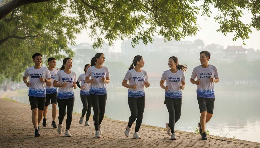 Ảnh một nhóm chân chạy mới của CLB Thanh Hà Runner đang chạy bộ thong dong dọc bờ hồ vào sáng sớm. Gương mặt họ rạng rỡ, đang trò chuyện vui vẻ với nhau, thể hiện rõ trạng thái