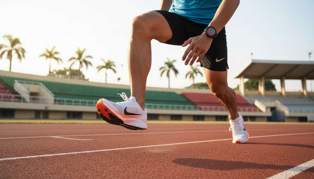 Một vận động viên đang tập trung cao độ trong một buổi chạy Interval trên sân vận động. Đôi giày siêu nhẹ (super shoes) chạm đất tạo nên sự mạnh mẽ, đồng hồ GPS trên tay hiển thị các thông số tốc độ và nhịp tim ở vùng đỏ. Góc máy thấp tạo cảm giác tốc độ và uy lực.