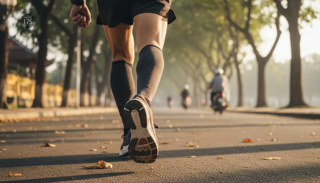 Ảnh chụp cận cảnh từ phía sau một runner đang chạy, tập trung vào đôi giày chạy bộ chuyên dụng đang tiếp đất bằng phần giữa bàn chân. Phía trên cổ tay là chiếc đồng hồ thể thao đang hiển thị con số Cadence 175, thể hiện sự chuyên nghiệp trong tập luyện.