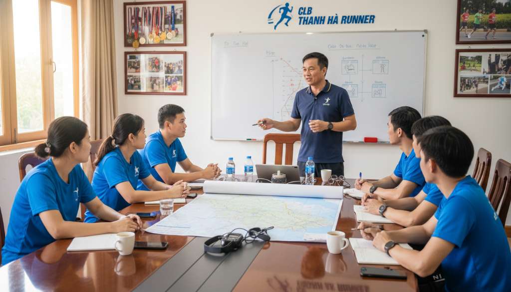 Một buổi sinh hoạt chuyên môn tại văn phòng CLB Thanh Hà Runner. Các thành viên ngồi quanh một chiếc bàn lớn có bản đồ đường chạy và các thiết bị đo lường, một huấn luyện viên đang tận tình giải thích các thắc mắc trên bảng trắng, không khí thân thiện và chuyên nghiệp.