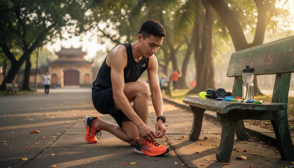 Ảnh minh họa một runner đang thắt dây giày chuyên dụng, bên cạnh là các phụ kiện như đồng hồ GPS và gel năng lượng được đặt gọn gàng trên băng ghế công viên, ánh nắng buổi sáng sớm xuyên qua kẽ lá.