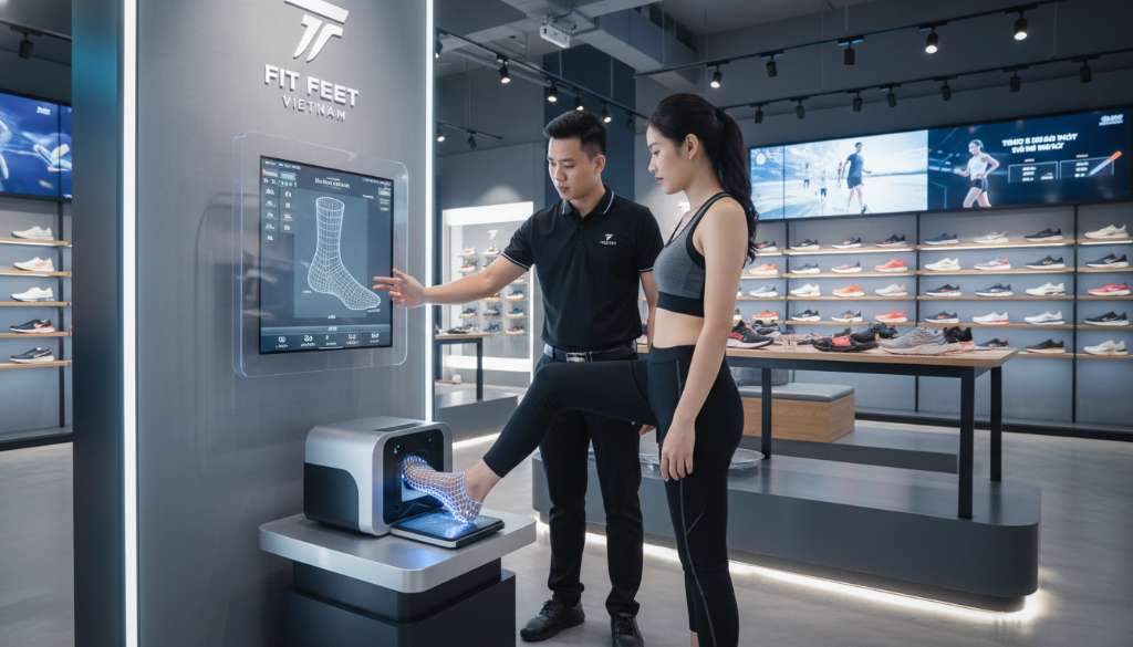 Một nhân viên chuyên nghiệp đang đo thông số bàn chân cho khách hàng bằng máy quét 3D tại một cửa hàng đồ thể thao cao cấp, không gian hiện đại và chuyên sâu.