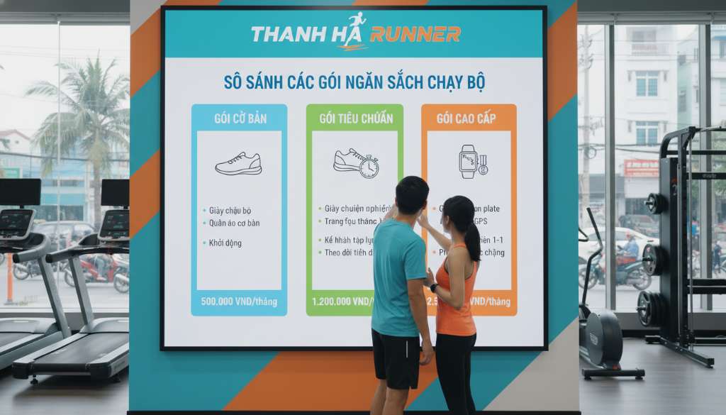 Một bảng Infographic trình bày đẹp mắt, so sánh các gói ngân sách chạy bộ với các biểu tượng minh họa hiện đại, màu sắc hài hòa với nhận diện thương hiệu Thanh Hà Runner.