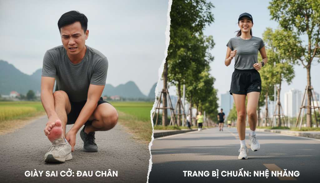 Một hình ảnh so sánh chia đôi màn hình: Một bên là runner mang giày sai kích cỡ dẫn đến đau chân, một bên là runner rạng rỡ trong trang bị chuẩn chỉnh đang sải bước nhẹ nhàng.