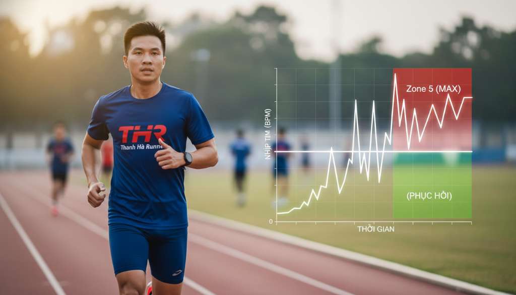 Một biểu đồ đồ họa hiện đại, trực quan hiển thị sự biến thiên của nhịp tim trong một buổi tập Interval. Trục tung là nhịp tim (BPM), trục hoành là thời gian. Đường biểu diễn nhịp tim hình răng cưa đi lên vùng màu đỏ (Zone 5) và hạ xuống vùng màu xanh lá (Zone 2). Nền ảnh mờ ảo hình một vận động viên Thanh Hà Runner đang chạy.