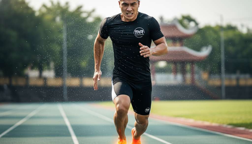 Một bức ảnh cận cảnh chân thực, bắt trọn khoảnh khắc một vận động viên nam Thanh Hà Runner đang bứt tốc trên đường chạy. Những giọt mồ hôi bắn tung trong không gian, cơ bắp đùi săn chắc nổi rõ, đôi giày chạy bộ chuyên dụng màu cam neon rực rỡ. Ánh mắt thể hiện sự quyết tâm tột độ.