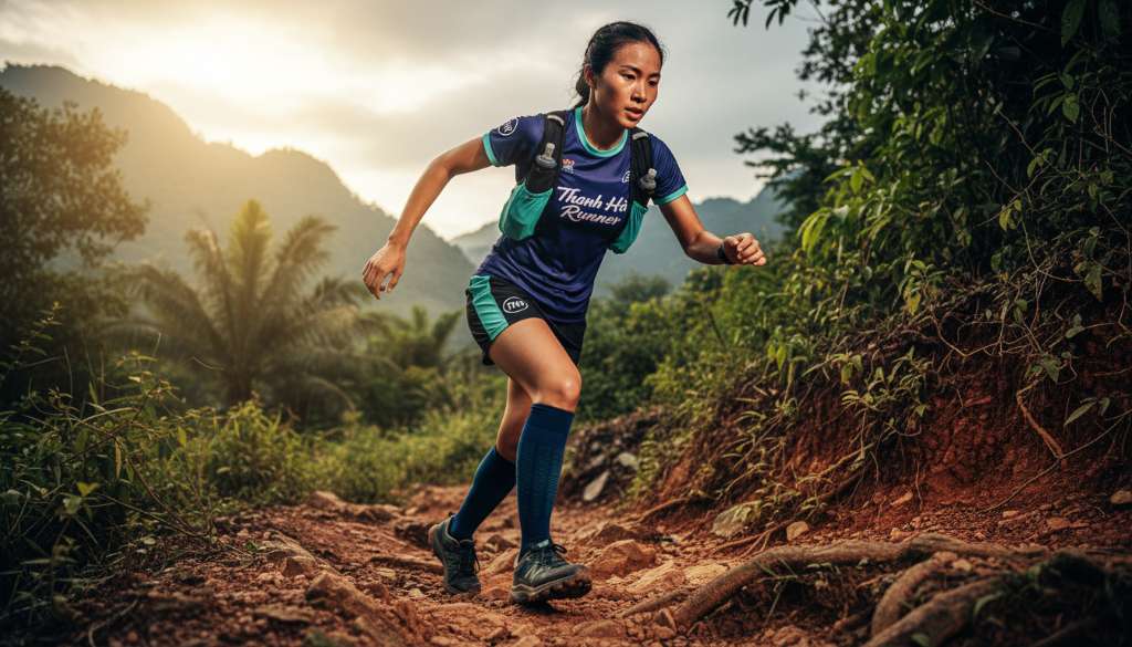 Ảnh minh họa một vận động viên Thanh Hà Runner đang đổ dốc trail với độ dốc 10%, sải chân ngắn, tiếp đất bằng giữa bàn chân, hai tay dang nhẹ để thăng bằng, góc chụp thấp từ dưới lên tạo cảm giác tốc độ và kỹ thuật.