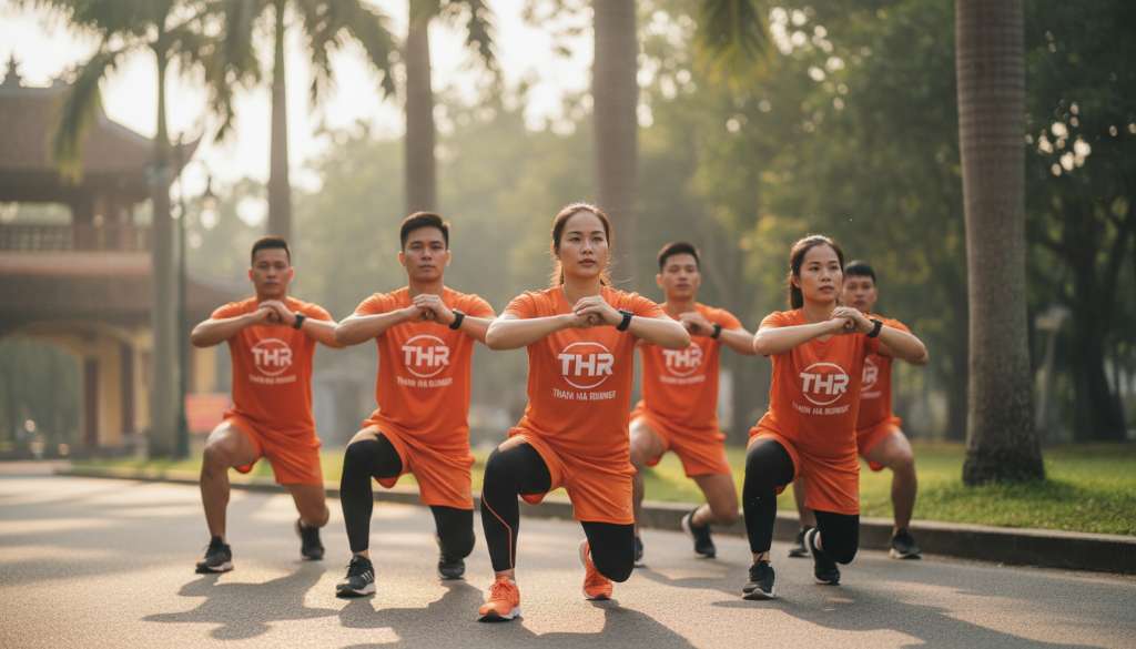 Nhóm thành viên Thanh Hà Runner đang cùng nhau tập bài tập Lunges và Squats tại công viên, đồng phục cam rực rỡ, không khí tập luyện chuyên nghiệp và gắn kết.