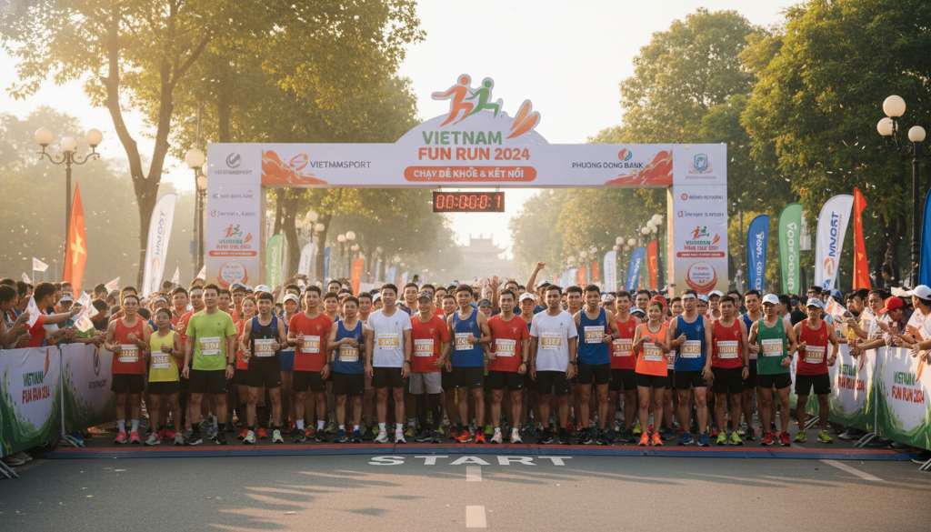 Một nhóm runner đa dạng độ tuổi và vóc dáng đang đứng tại vạch xuất phát của một giải chạy phong trào. Gương mặt họ rạng rỡ, đầy quyết tâm dưới ánh nắng sớm. Bối cảnh có các banner và cờ hiệu của giải đấu, tạo không khí lễ hội thể thao sôi động.