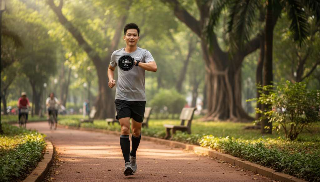 Một runner đang chạy trên con đường mòn trong công viên xanh mát. Cánh tay đưa lên ngang tầm mắt để kiểm tra thông số trên đồng hồ Garmin, hiển thị rõ số 10.00km và nhịp tim ổn định. Ánh sáng xuyên qua tán lá tạo nên những vệt nắng lung linh trên mặt đường.