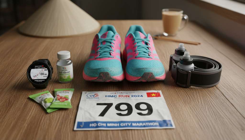 Một bức ảnh Flat lay sắp xếp tinh tế các phụ kiện chạy bộ trên mặt gỗ: Một đôi giày chạy bộ màu sắc nổi bật, một chiếc đồng hồ GPS, hai gói gel năng lượng, một lọ muối điện giải, một đai nước và số BIB của một giải chạy lớn.