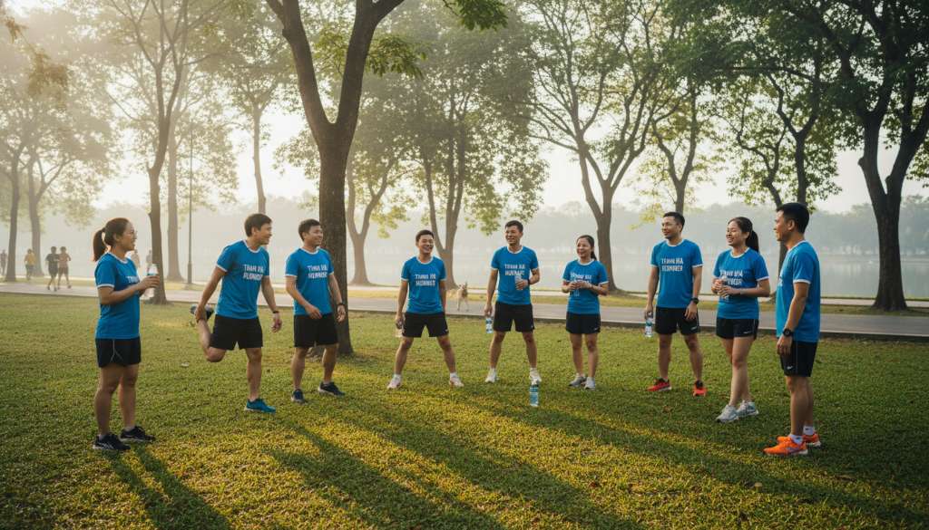Các thành viên của câu lạc bộ Thanh Hà Runner trong trang phục đồng phục màu xanh năng động, đang cùng nhau thực hiện các bài tập giãn cơ sau buổi chạy dài. Họ cười nói vui vẻ, tay cầm chai nước, bối cảnh là một công viên rộng lớn vào buổi sáng sớm đầy sức sống.
