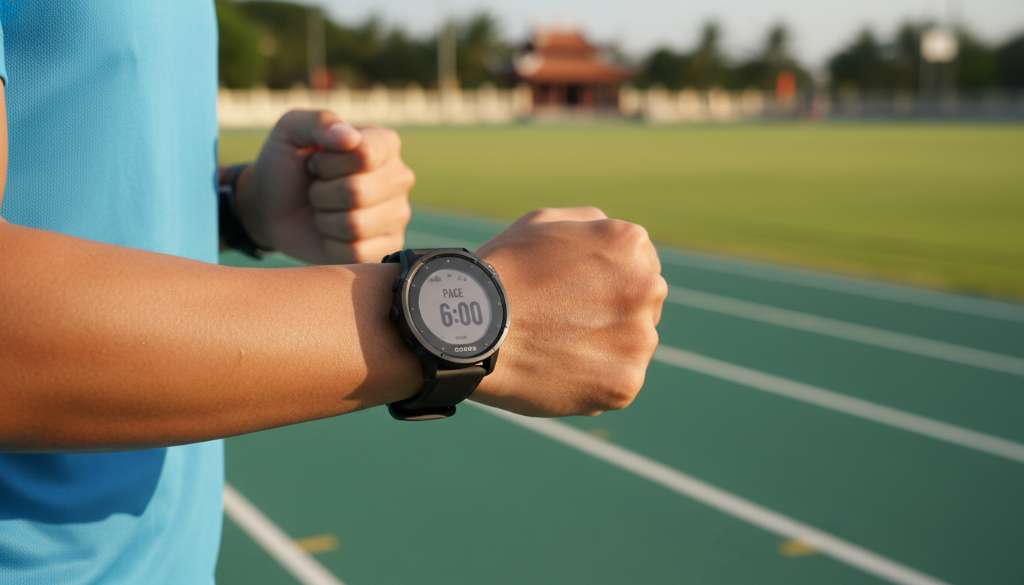 Ảnh chụp cận cảnh mặt đồng hồ Coros Pace 3 đang hiển thị chỉ số Pace 6:00 trên cổ tay một vận động viên đang chạy, hậu cảnh là đường chạy xanh mướt với hiệu ứng xóa phông nghệ thuật.