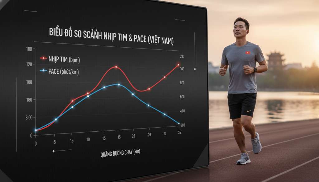 Một biểu đồ so sánh sự biến thiên của nhịp tim tương ứng với sự tăng dần của Pace, trình bày dưới dạng đồ họa vector hiện đại, tinh tế trên nền tối chuyên nghiệp.