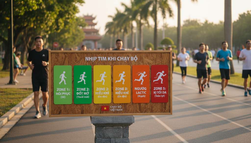 Một bảng infographic màu sắc rực rỡ phân chia 5 vùng nhịp tim từ xanh lá cây (Zone 1) đến đỏ đậm (Zone 5), kèm theo biểu tượng mô tả mức độ nỗ lực của runner ở mỗi vùng.