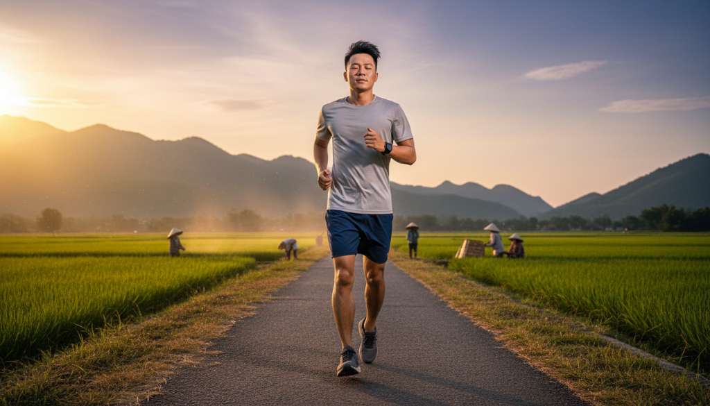 Ảnh một vận động viên đang chạy với tư thế thả lỏng, gương mặt thư thái, tập trung vào hơi thở, thể hiện sự kiểm soát hoàn hảo giữa tốc độ và nhịp tim dưới ánh hoàng hôn.