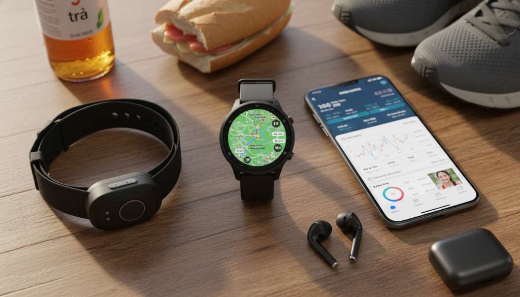 Ảnh flatlay các thiết bị công nghệ chạy bộ cao cấp gồm đồng hồ GPS, dây đo nhịp tim ngực và điện thoại hiển thị ứng dụng phân tích dữ liệu tập luyện chuyên sâu.