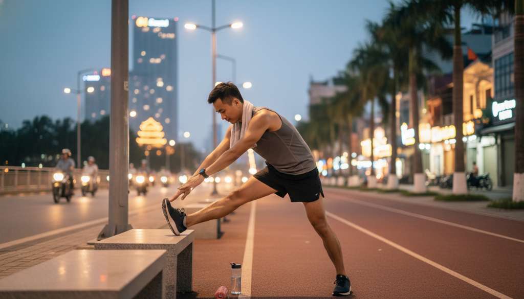 Ảnh một runner đang thực hiện các động tác giãn cơ, hạ nhiệt một cách thư giãn sau buổi chạy khi trời đã sập tối, thể hiện sự chuyên nghiệp trong việc chăm sóc cơ thể.