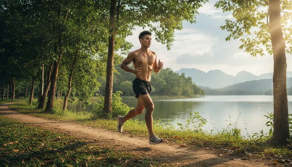 Một runner đang chạy trên con đường mòn ven hồ, dáng chạy chuẩn xác, cơ bắp chân săn chắc, bối cảnh thiên nhiên tươi mát, ánh sáng mặt trời xuyên qua kẽ lá tạo cảm giác bền bỉ và tràn đầy năng lượng.