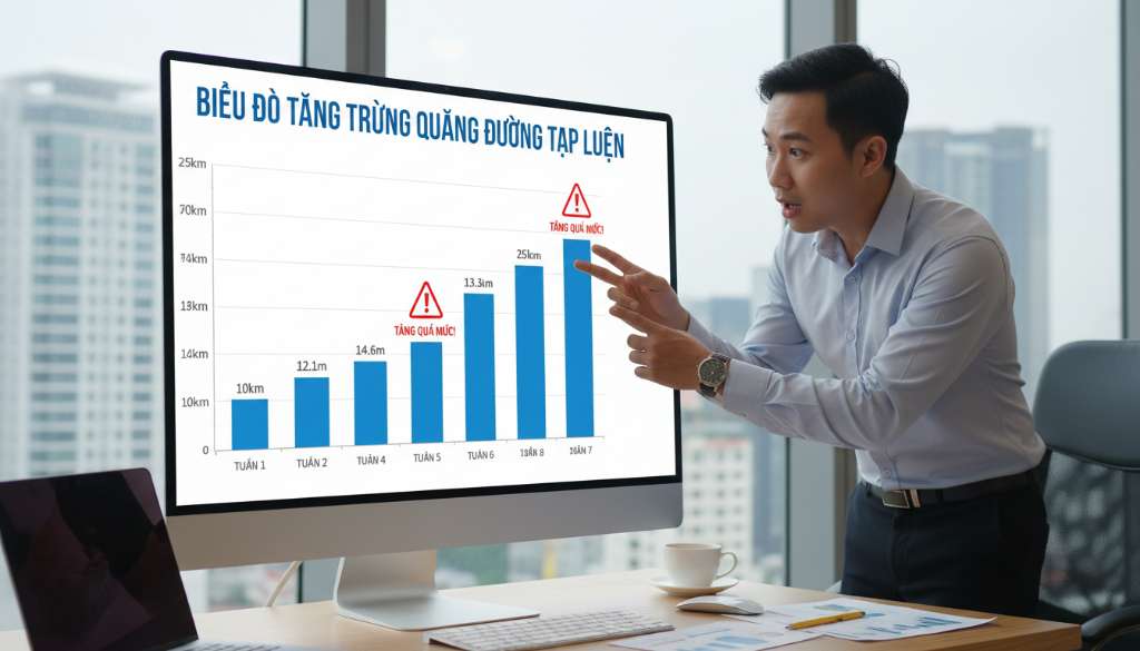 Đồ thị minh họa (Infographic) dạng cột màu xanh dương, hiển thị sự tăng trưởng quãng đường qua từng tuần theo quy tắc 10%, có biểu tượng cảnh báo màu đỏ ở những đoạn tăng quá mức để người xem dễ hình dung.