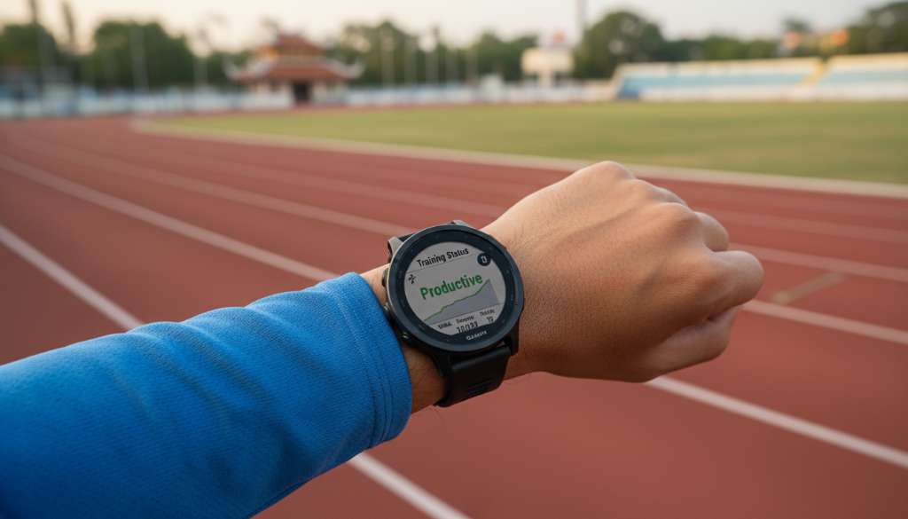 Cận cảnh một chiếc đồng hồ Garmin trên cổ tay runner đang hiển thị biểu đồ