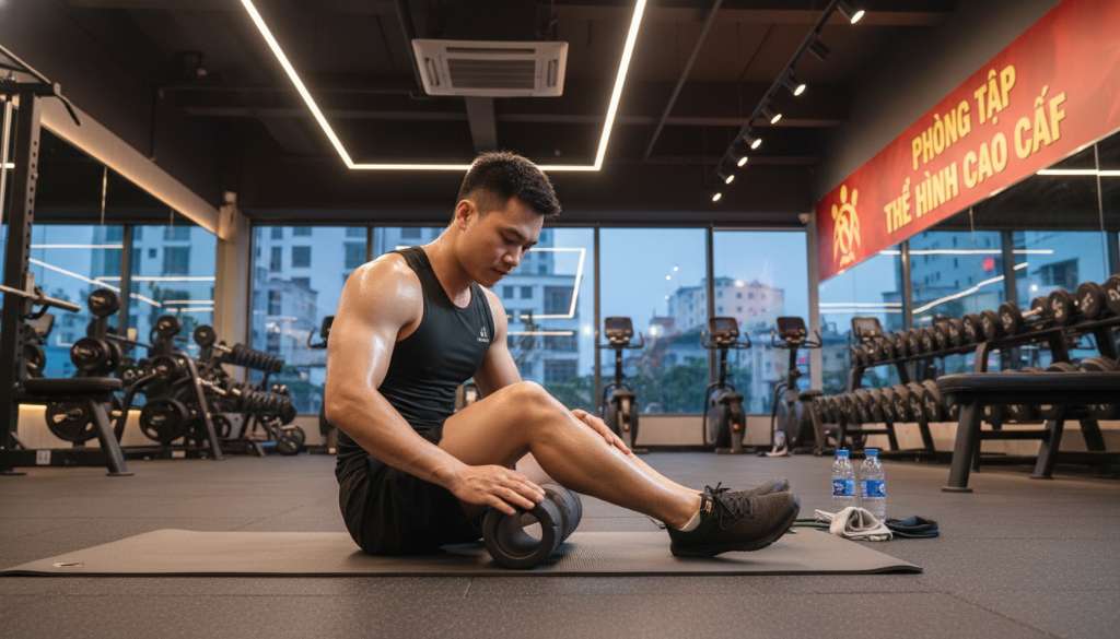Một vận động viên đang ngồi trên thảm tập, sử dụng con lăn (foam roller) để massage cơ đùi sau buổi tập, ánh sáng phòng tập chuyên nghiệp, thể hiện sự chú trọng vào phục hồi.