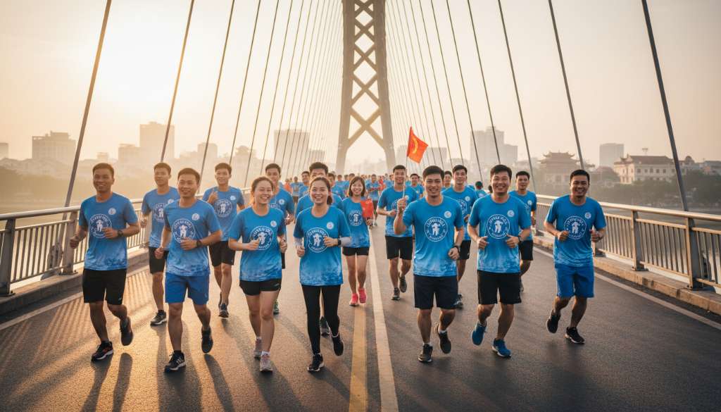 Tập thể câu lạc bộ Thanh Hà Runner trong trang phục đồng phục rạng rỡ, đang cùng nhau chạy bộ qua một cây cầu biểu tượng vào buổi sáng sớm, không khí tràn đầy tinh thần đồng đội và niềm vui thể thao.