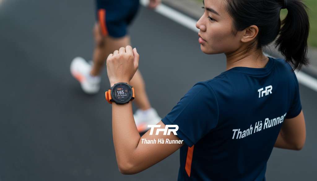Ảnh nghệ thuật chụp cận cảnh chiếc đồng hồ Garmin trên cổ tay một runner đang chạy, màn hình hiển thị chỉ số nhịp tim đang ở vùng màu cam (Zone 4) và Pace ổn định. Hậu cảnh là đường chạy nhựa mờ ảo với đôi giày chạy bộ đang lướt đi.