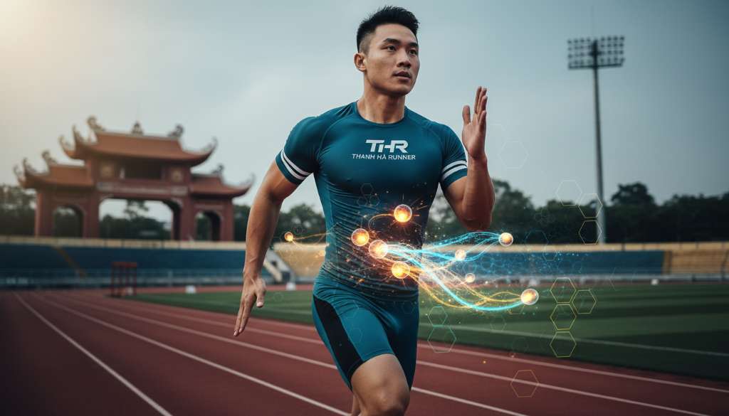 Một sơ đồ đồ họa 3D hiện đại minh họa dòng chảy năng lượng và các tế bào cơ bắp, với các điểm sáng đại diện cho ty thể đang hoạt động mạnh mẽ, lồng ghép trên nền hình ảnh một vận động viên đang chạy bứt tốc.