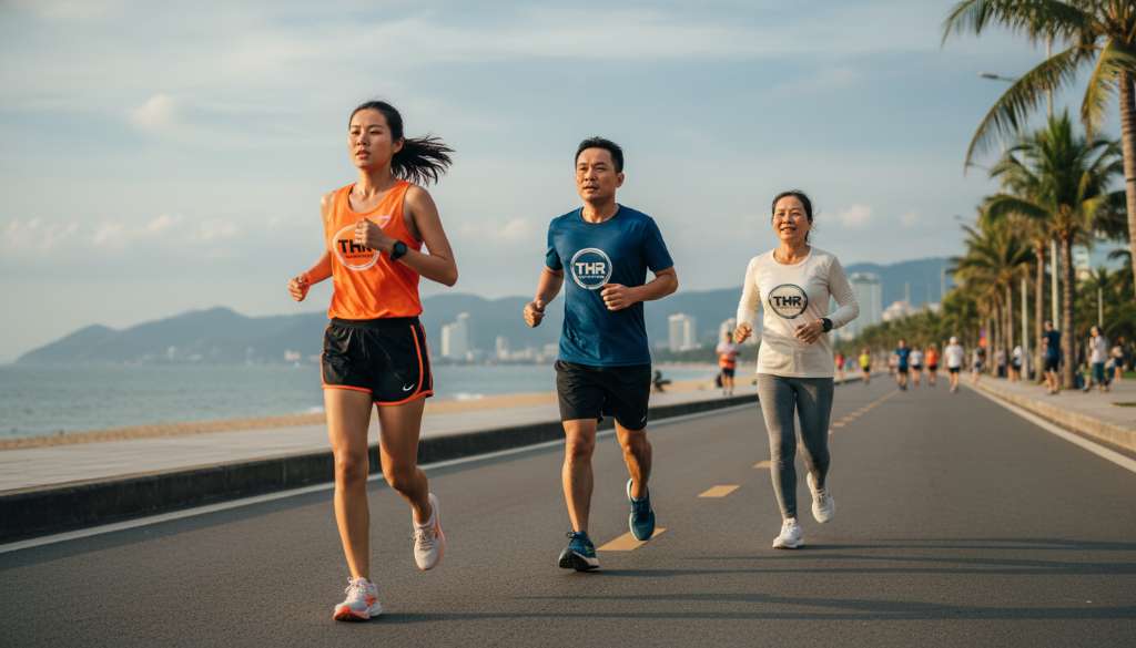 Hình ảnh ba vận động viên chạy bộ trên cùng một cung đường nhưng ở các khoảng cách khác nhau, đại diện cho ba mức cường độ: một người thư thái, một người tập trung cao độ (Tempo), và một người đang bứt tốc mạnh mẽ (Interval).