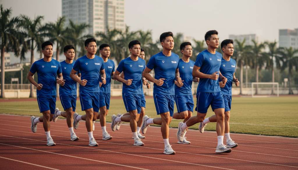 Một nhóm các vận động viên Thanh Hà Runner đang cùng nhau thực hiện bài tập Tempo trên đường chạy pitch, đội hình đều tăm tắp, thể hiện sự kỷ luật và tinh thần đồng đội.