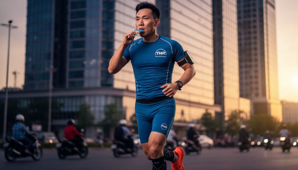 Một runner đang sử dụng gel năng lượng trong khi chạy tốc độ cao, trên tay đeo các thiết bị cảm biến hiện đại, bối cảnh thành phố hiện đại buổi hoàng hôn.