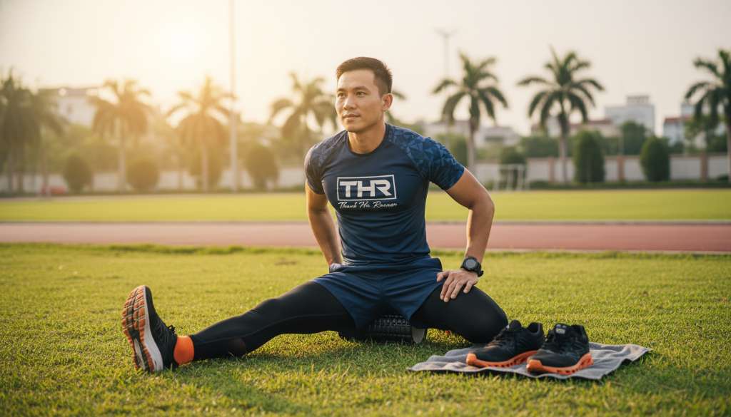 Hình ảnh một vận động viên đang thực hiện các động tác ép cơ chân sau buổi chạy bên cạnh thảm cỏ xanh, đôi giày chạy bộ đế dày chuyên dụng đặt ngay cạnh, ánh sáng dịu nhẹ tạo cảm giác thư giãn, phục hồi.