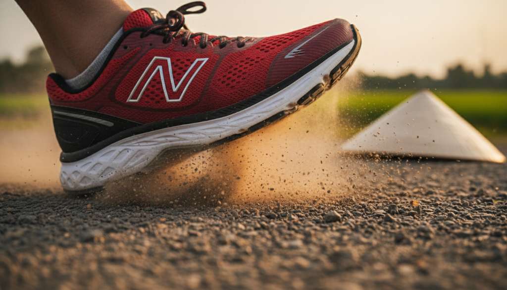 Ảnh macro cực nét chụp khoảnh khắc một chiếc giày chạy bộ tiếp đất bằng phần gan bàn chân. Các hạt bụi nhỏ bắn tung lên tạo cảm giác chuyển động mạnh mẽ. Ánh sáng tập trung vào phần đế giữa (midsole) của giày.